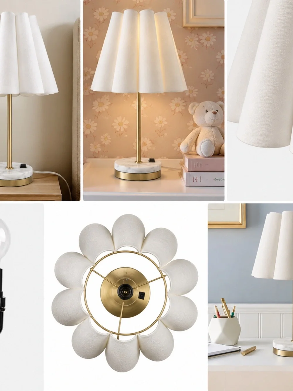 Elegant white pleated table lamp with gold brass & marble base